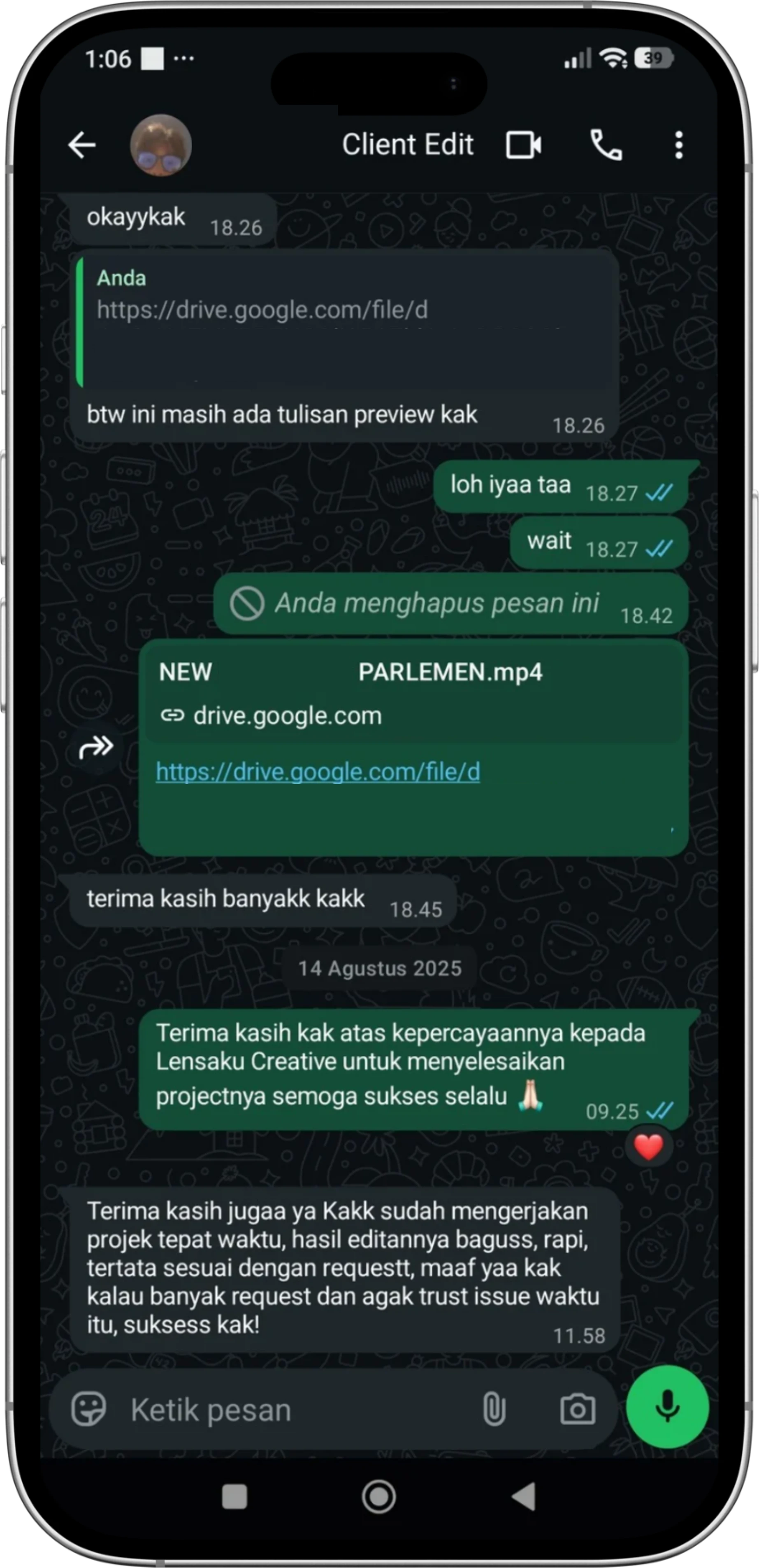Review kepuasan klien jasa video editing LENSAKU CREATIVE